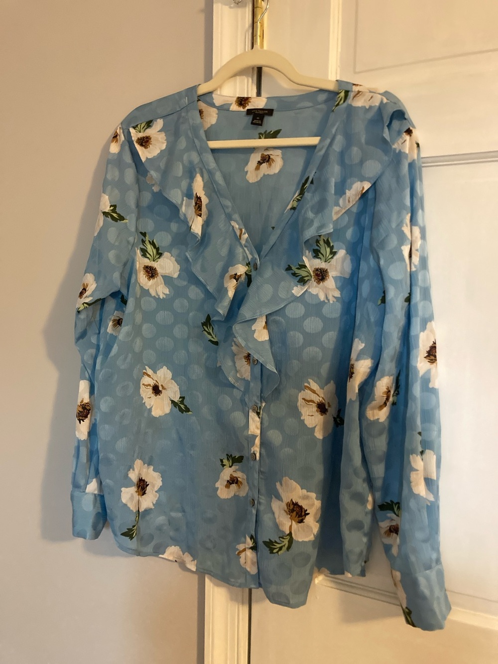 Ann Taylor Factory Light Blue Floral Ruffle V-Neck Blouse